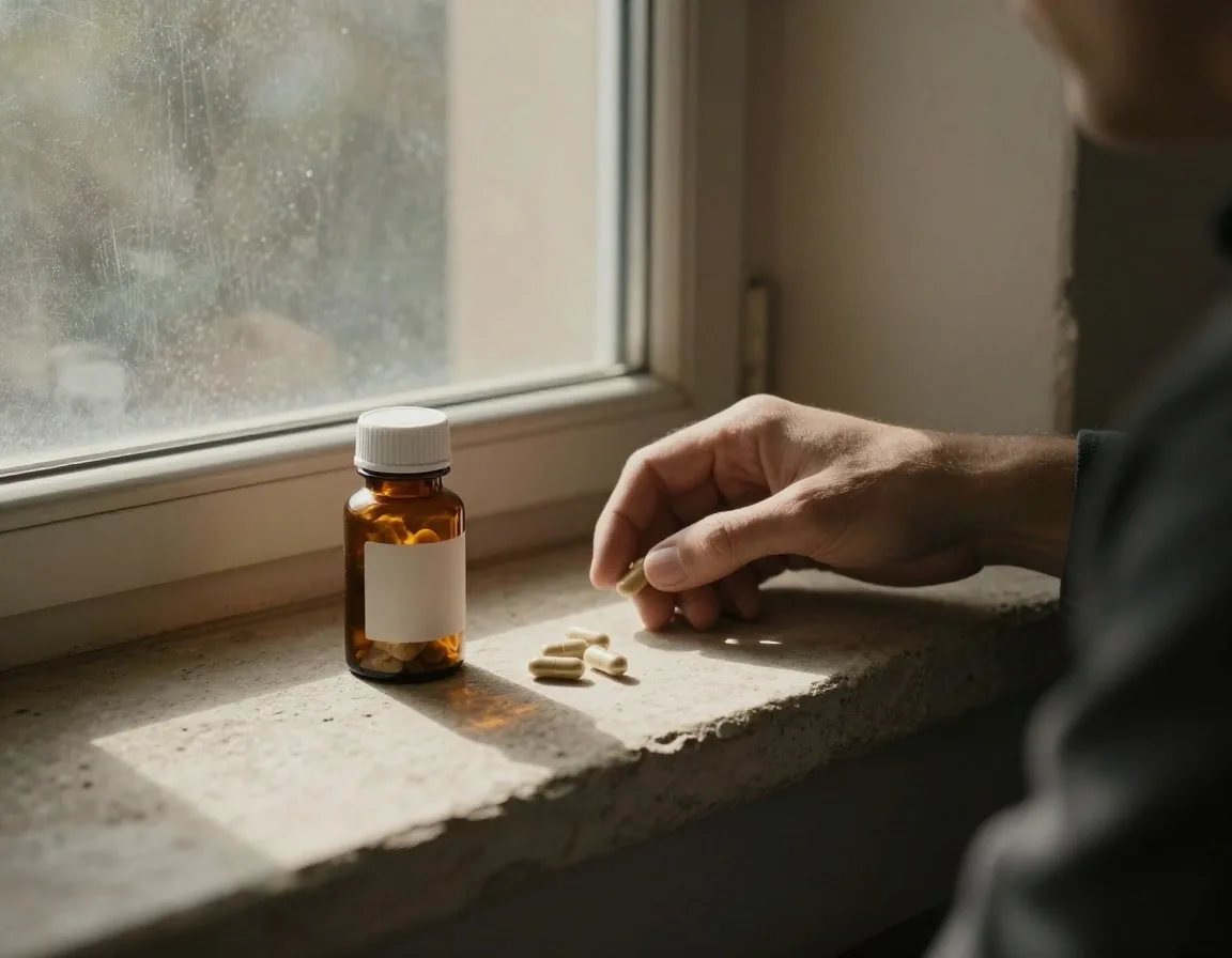 Hands holding an amber jar of natural capsules in morning light