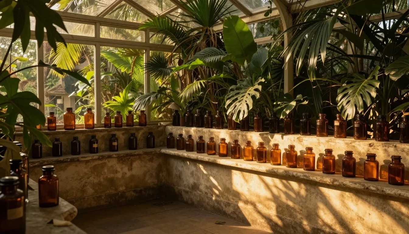 Conservatory interior with amber glass jars on plaster shelves in warm golden hour light