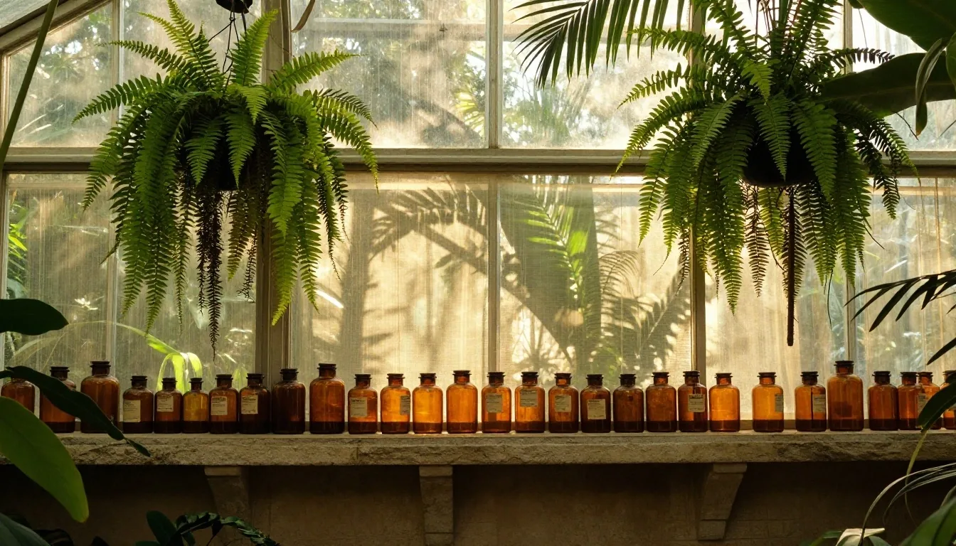 Botanical conservatory interior with amber jars on plaster shelves