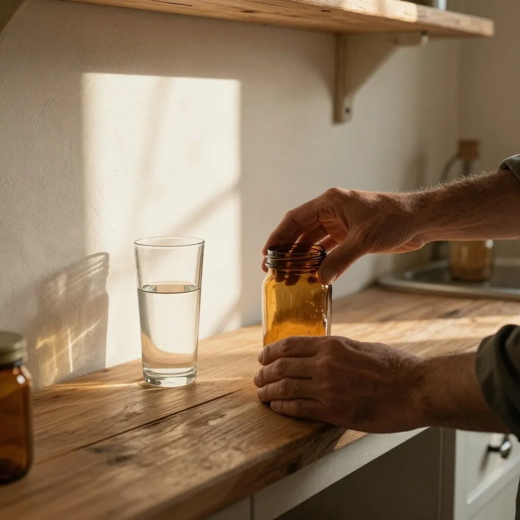 A man's hands placing amber glass supplement jars on a wooden shelf in morning light