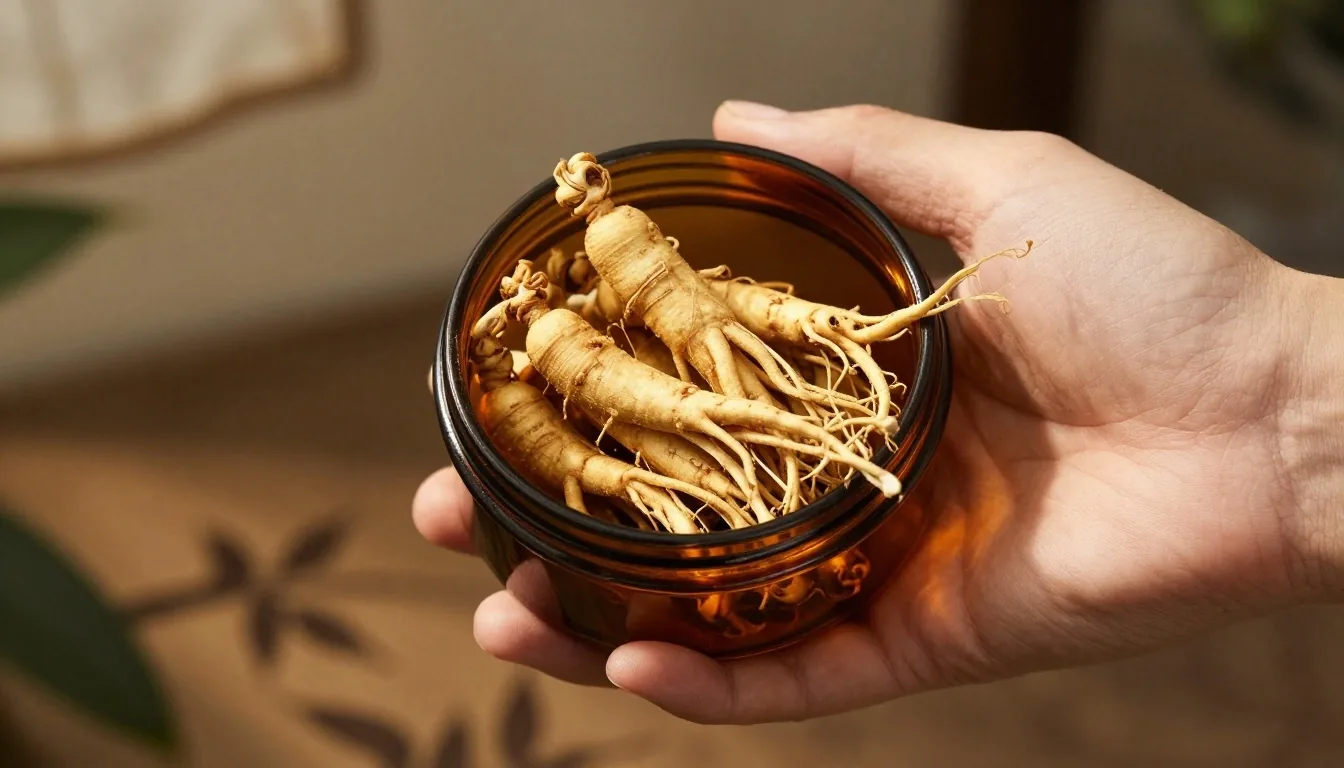 A hand holding an amber glass jar with dried ginseng root under warm conservatory light