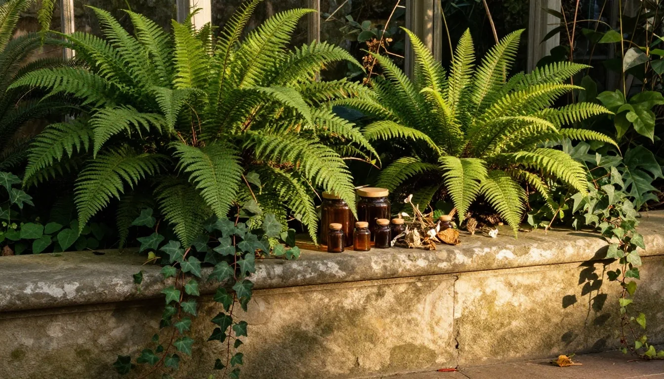 Botanical conservatory interior with warm golden-hour light filtering through linen curtains onto plant mass and amber glass jars on plaster shelves