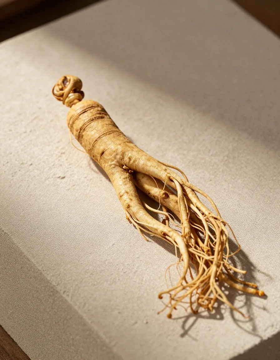 Dried ginseng root specimens on a warm plaster shelf under soft conservatory light