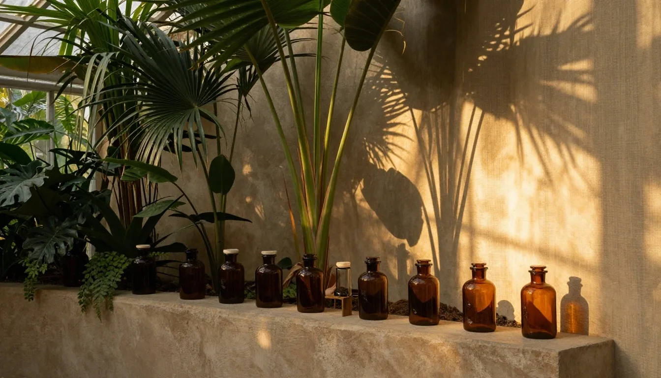 Botanical conservatory with amber glass jars on a plaster shelf under warm humid light