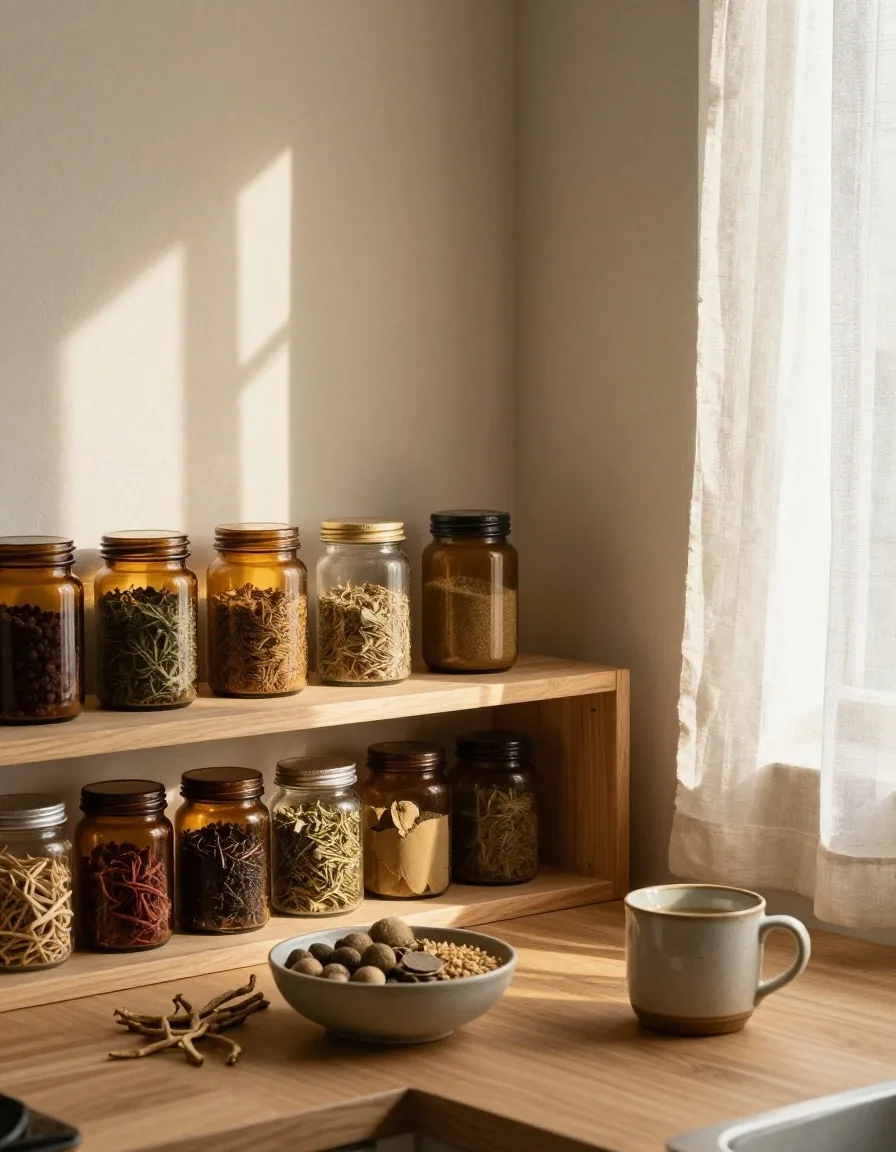 Morning routine with amber glass jars on a kitchen shelf