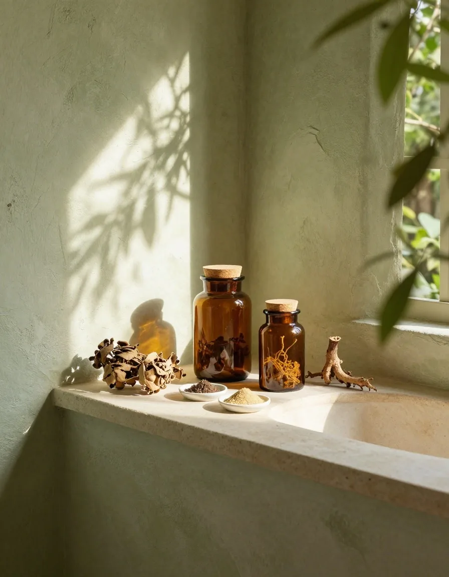 Amber glass jars with supplement ingredients on a plaster shelf