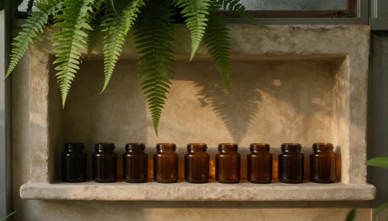 Botanical conservatory interior with amber glass jars on a plaster shelf under golden hour light