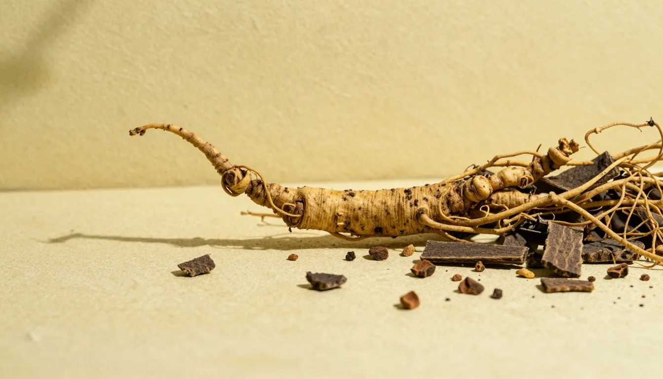 Dried ginseng and ashwagandha root specimens on a plaster surface under warm conservatory light