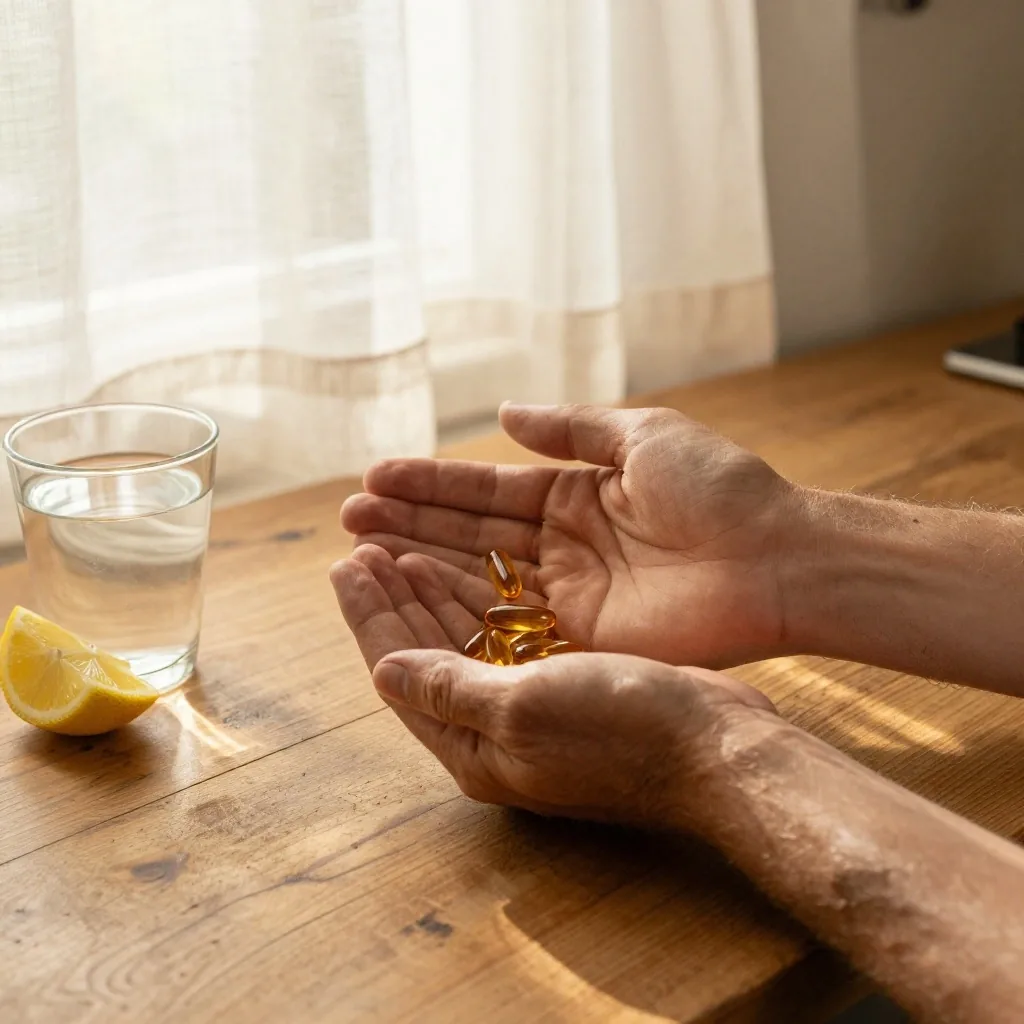 Hands holding supplement capsules in warm morning light