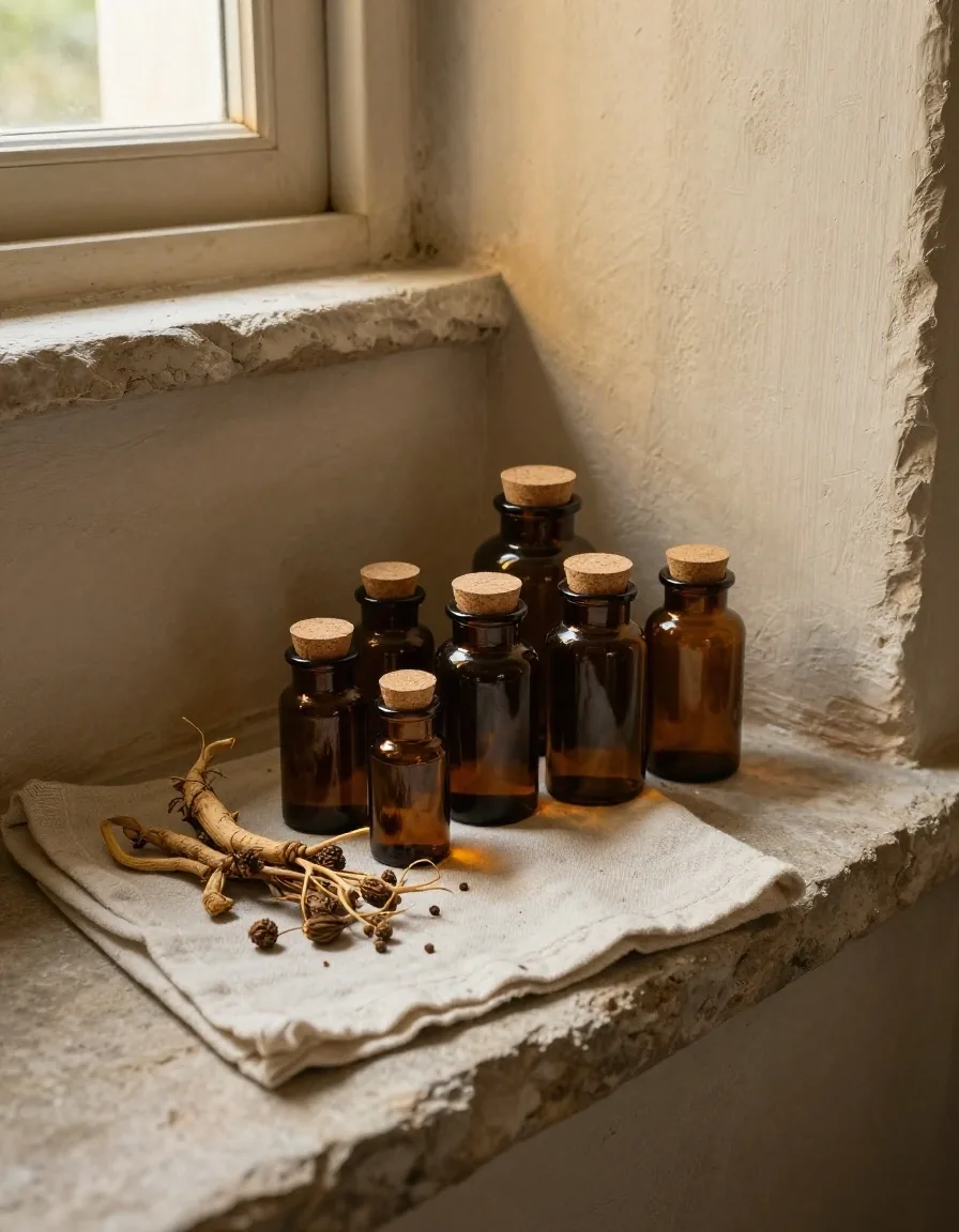Amber jars and dried herbs arranged as an apothecary tray