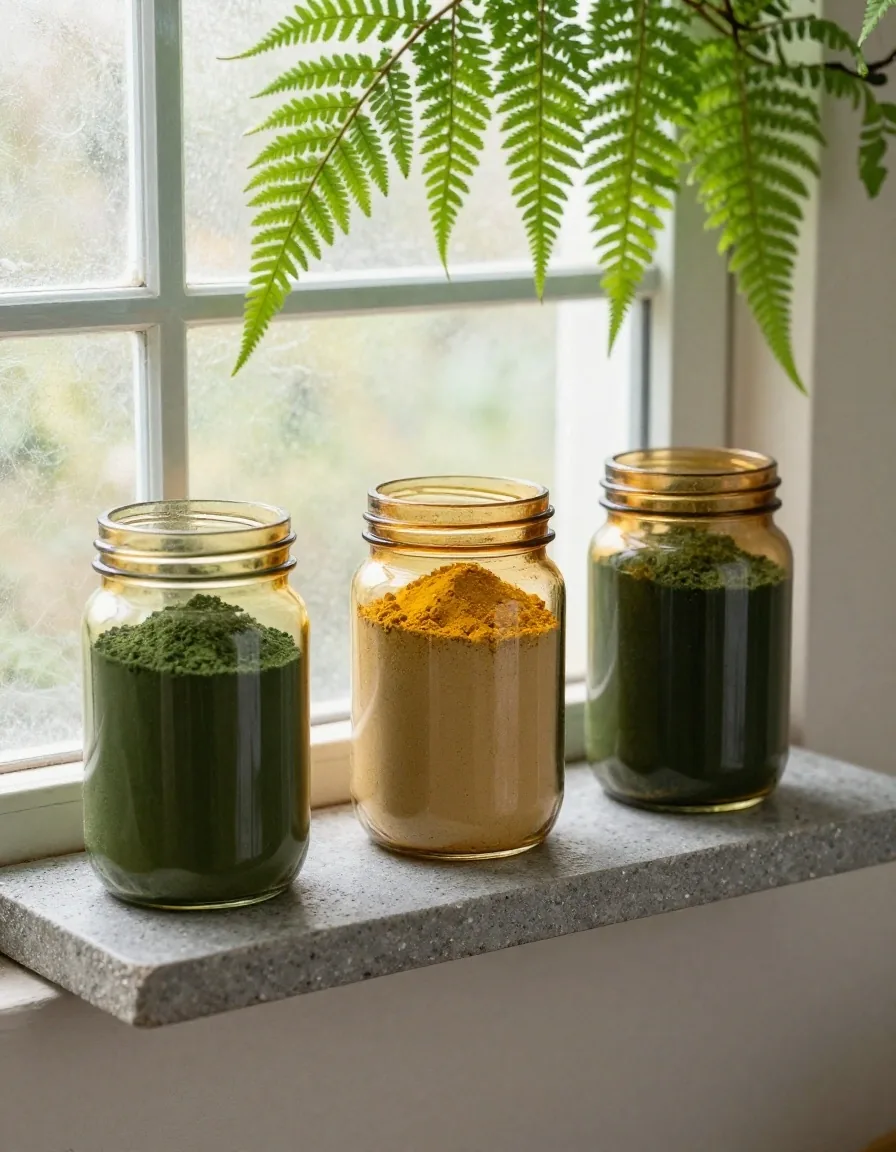 Amber jars with colored natural powders on stone shelf