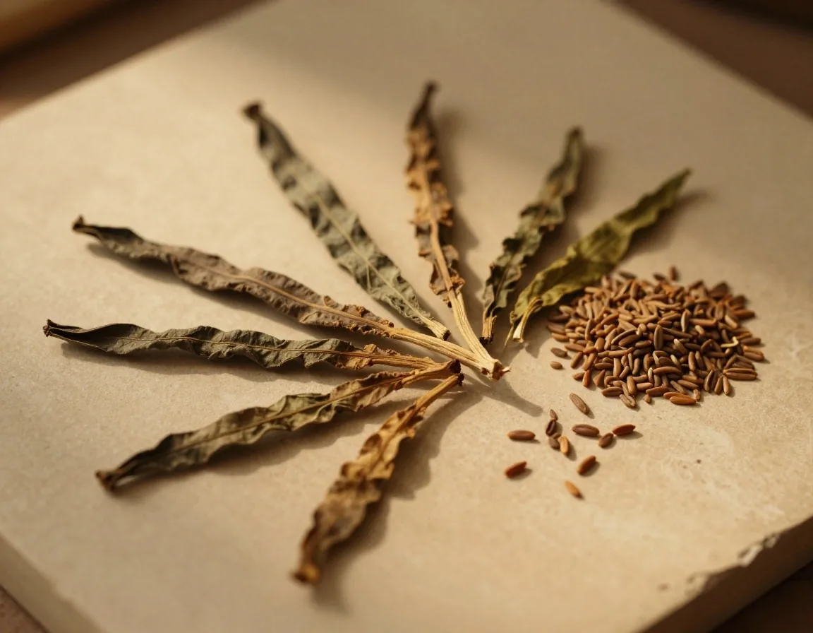 Dried tribulus leaves and fenugreek seeds on plaster