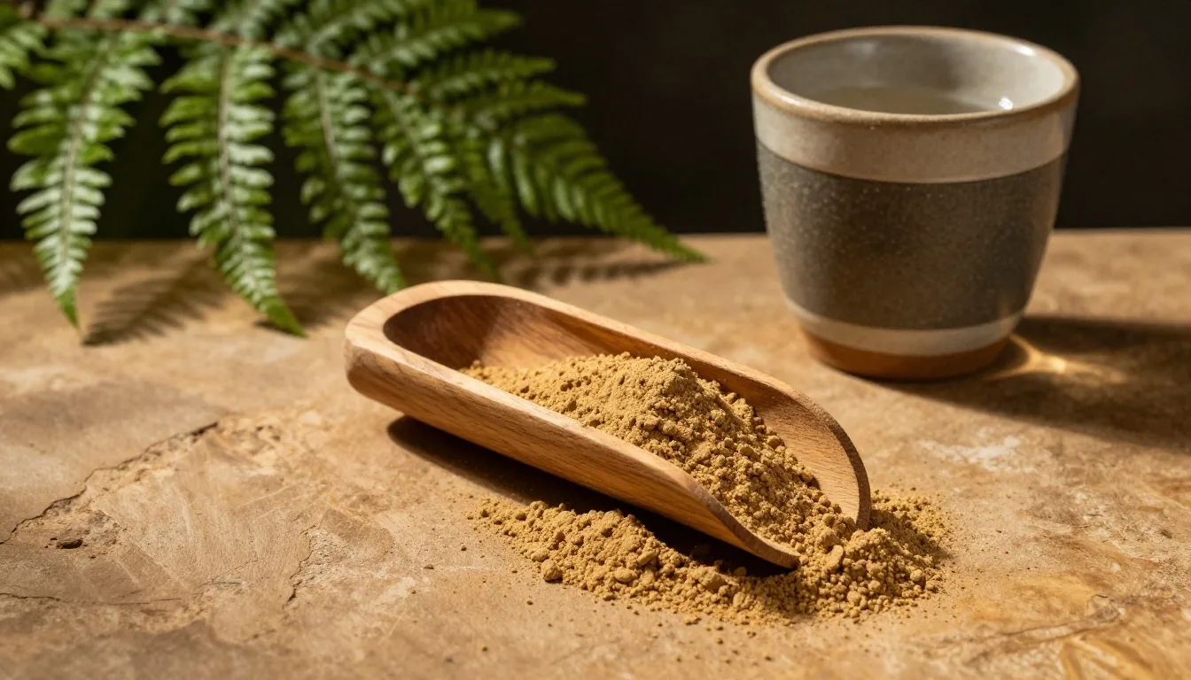 Plant-based protein powder scoop and water on plaster surface
