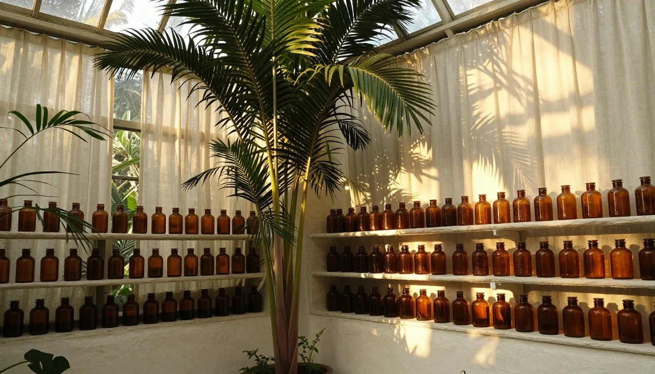 Botanical conservatory interior with amber glass jars on plaster shelves under warm golden hour light