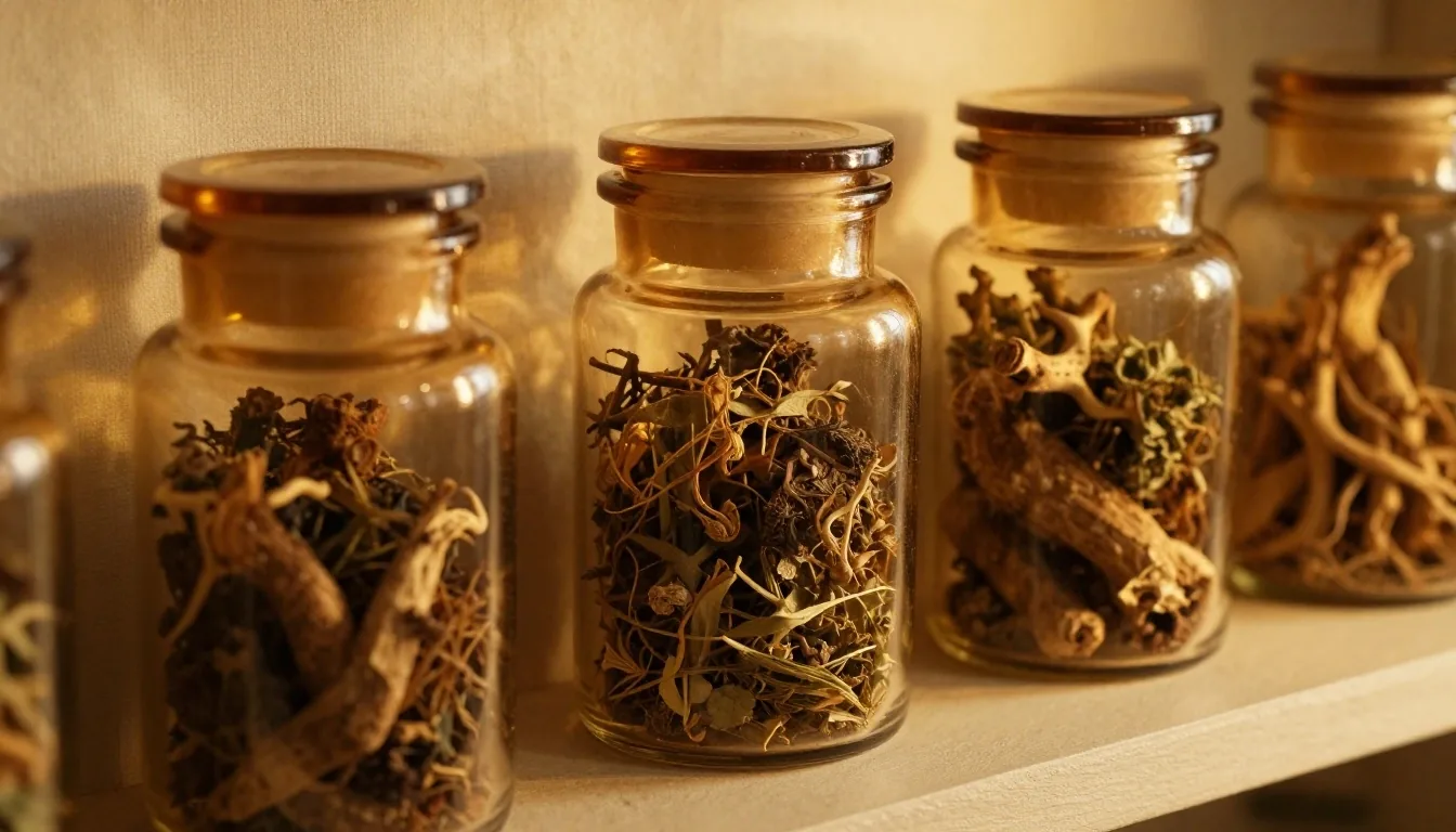Amber glass jars with dried herb specimens on a plaster shelf